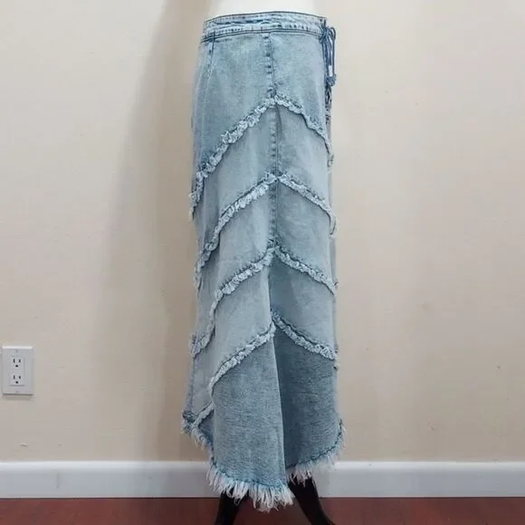 Wash Lab Denim Chevron Raw Hem Maxi Skirt - Size 29 / M - L - Picture 8 of 14